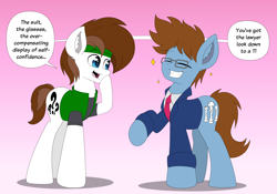 Size: 4000x2800 | Tagged: safe, artist:aarondrawsarts, imported from derpibooru, oc, oc:brain teaser, oc:davvid daggers, earth pony, ask brain teaser, clothes, clothes swap, dialogue, male, tumblr