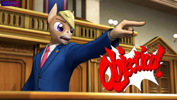 Size: 3840x2160 | Tagged: safe, artist:antonsfms, imported from derpibooru, oc, oc only, oc:nickyequeen, anthro, donkey, 3d, ace attorney, alternate universe, anthro oc, badge, banner, clothes, commission, commissioner:nickyequeen, court, courtroom, crossover, desk, donkey oc, formal attire, formal wear, high res, image set, male, objection, open mouth, phoenix wright, pointing, solo, source filmmaker, suit, text, yelling