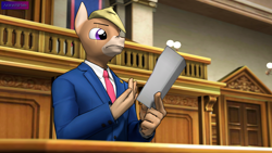 Size: 3840x2160 | Tagged: safe, alternate version, artist:antonsfms, imported from derpibooru, oc, oc only, oc:nickyequeen, anthro, donkey, 3d, ace attorney, alternate universe, anthro oc, badge, banner, clothes, commission, commissioner:nickyequeen, court, courtroom, crossover, desk, document, donkey oc, formal attire, formal wear, high res, holding, image set, male, paper, phoenix wright, pointing, smug, solo, source filmmaker, suit