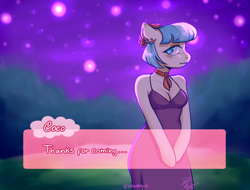 Size: 2000x1516 | Tagged: safe, artist:zowzowo, imported from derpibooru, coco pommel, anthro, earth pony, arm hooves, breasts, cleavage, clothes, cocobetes, cute, dating sim, dress, fake screencap, gala, garden, night, night sky, purple dress, purple sky, shy, sky, solo, stars