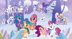 Size: 1056x571 | Tagged: safe, artist:soft_angel, imported from derpibooru, hitch trailblazer, izzy moonbow, minty, pipp petals, queen haven, sunny starscout, zipp storm, cat, crocodile, dog, earth pony, llama, pegasus, pony, rabbit, turtle, unicorn, animal, argyle starshine, clothes, crystal, female, g4, g5, g5 to g4, horn, male, mane five (g5), mare, minty (g5), pets, phyllis (g5), phyllis cloverleaf, royal guard, scarf, shutter snap, snow, stallion, tree, unicorn horn, winter, zoom zephyrwing