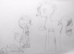 Size: 2530x1850 | Tagged: safe, artist:balletdivagirl, imported from derpibooru, rarity, oc, oc:crystal clarity, dracony, dragon, hybrid, pony, kilalaverse, eyes closed, female, interspecies offspring, mother and child, mother and daughter, mouth hold, offspring, parent:rarity, parent:spike, parents:sparity, pencil drawing, traditional art