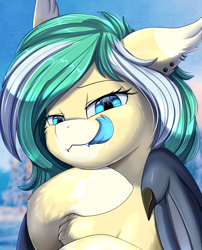 Size: 1424x1764 | Tagged: safe, artist:pridark, imported from derpibooru, oc, oc only, oc:icy breeze, bat pony, pony, bat pony oc, bat wings, bust, commission, ear piercing, fangs, piercing, portrait, slit pupils, slitted eyes, solo, tongue out, wings