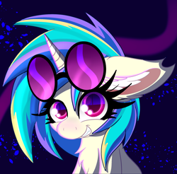 Size: 2029x2000 | Tagged: safe, artist:windykirin, imported from derpibooru, dj pon-3, vinyl scratch, pony, unicorn, abstract background, blacklight, chest fluff, ear fluff, female, high res, long eyelashes, palindrome get, smiling, solo, sunglasses