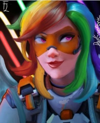 Size: 540x661 | Tagged: source needed, safe, artist:darksinfonic, imported from derpibooru, rainbow dash, human, female, female focus, humanized, overwatch, overwatch 2, realistic, smiling, solo, solo female, solo focus, tracer, visor