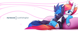 Size: 4090x1743 | Tagged: safe, artist:justafallingstar, imported from derpibooru, oc, oc only, oc:nean, oc:vibrant star, earth pony, pony, choker, clothes, collar, crossed legs, cuddling, ear piercing, earring, earth pony oc, eye clipping through hair, eyebrows, eyebrows visible through hair, eyeshadow, glowing tattoos, heart, high res, hoofless socks, jewelry, makeup, male, no pupils, one eye closed, patreon, piercing, simple background, smiling, socks, stallion, stockings, tattoo, thigh highs, white background