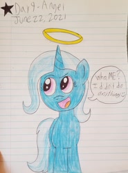 Size: 640x865 | Tagged: safe, artist:fruitypieq, imported from derpibooru, trixie, pony, unicorn, dialogue, halo, innocent, lined paper, open mouth, open smile, smiling, speech bubble, traditional art