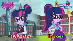 Size: 2289x1288 | Tagged: safe, imported from derpibooru, sci-twi, twilight sparkle, equestria girls, equestria girls series, forgotten friendship, friendship games, antagonist, clothes, crystal prep academy uniform, equestria girls logo, glasses, hero, school uniform, solo, villains of equestria, wallpaper