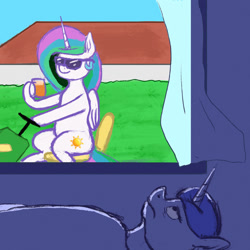 Size: 1280x1280 | Tagged: safe, artist:dummyhorse, artist:phutashi, imported from derpibooru, princess celestia, princess luna, alicorn, pony, 30 year old boomer, alcohol, beer, blanket, boomer, lawn mower, meme, ponified meme, sunglasses, window