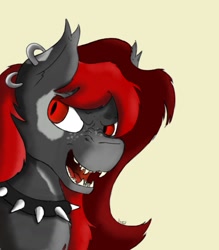 Size: 905x1031 | Tagged: safe, artist:kage, imported from derpibooru, oc, oc only, bat pony, bust, collar, fangs, piercing, portrait, simple background, spiked collar