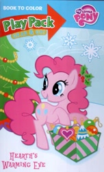 Size: 1237x2029 | Tagged: safe, imported from derpibooru, pinkie pie, earth pony, pony, christmas, christmas tree, coloring book, hearth's warming eve, hearth's warming eve coloring book, holiday, holly, official, ornament, play pack, snow, snowflake, solo, tree