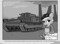 Size: 4616x3405 | Tagged: safe, artist:tjpones, imported from derpibooru, applejack, earth pony, pony, bipedal, bipedal leaning, cigarette, clothes, female, grayscale, gun, handgun, high res, leaning, mare, military uniform, monochrome, revolver, tank (vehicle), uniform, vickers medium mark i, weapon