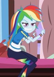 Size: 509x721 | Tagged: safe, imported from derpibooru, screencap, rainbow dash, equestria girls, equestria girls series, holidays unwrapped, spoiler:eqg series (season 2), athletic legs, bags under eyes, blizzard or bust, clothes, cropped, curvy, extra thicc, faic, female, grin, hoodie, legs, rainbow dash is best facemaker, skintight, skintight clothes, sleep deprivation, smiling, solo, the ass was fat, the ass was flat, thicc ass, thicc legs, thick, thighs