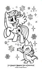 Size: 1201x2010 | Tagged: safe, imported from derpibooru, part of a set, spike, alicorn, dragon, pony, coloring book, hearth's warming eve, hearth's warming eve coloring book, indexed png, monochrome, official, snow, snowflake, sparkles, stock vector