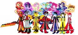 Size: 1963x898 | Tagged: safe, artist:robertsonskywa1, artist:sapphiregamgee, imported from derpibooru, applejack, fluttershy, pinkie pie, rainbow dash, rarity, sci-twi, sunset shimmer, twilight sparkle, bee, human, insect, equestria girls, arm cannon, armpits, axe, bumblebee, clothes, disc, eqg promo pose set, equestria girls-ified, holomatter avatar, humane five, humane seven, humane six, ironhide, jazz, photo, propeller blade, rodimus, save equestria girls, sideswipe, sleeveless, stinger, sunstreaker, super ponied up, sword, transformers, weapon, wheeljack