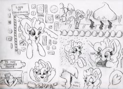 Size: 1400x1018 | Tagged: safe, artist:nedemai, imported from derpibooru, pinkie pie, spike, twilight sparkle, atg 2021, chocolate, chocolate rain, food, imagination, newbie artist training grounds, pencil drawing, rain, simpsons did it, traditional art