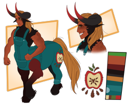 Size: 3682x3000 | Tagged: safe, artist:cerulean-crow, imported from derpibooru, oc, oc only, centaur, centaur oc, clothes, color palette, crack ship offspring, grin, high res, horns, interspecies offspring, male, offspring, overalls, parent:applejack, parent:lord tirek, simple background, smiling, solo, transparent background