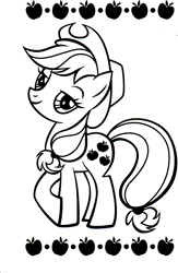 Size: 1122x1720 | Tagged: safe, imported from derpibooru, applejack, earth pony, pony, apple, applejack's hat, coloring book, cowboy hat, food, hat, hearth's warming eve coloring book, monochrome, official, solo, stock vector