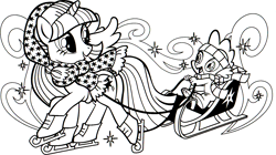 Size: 1703x953 | Tagged: safe, imported from derpibooru, part of a set, spike, twilight sparkle, alicorn, dragon, pony, unicorn, clothes, coloring book, headband, hearth's warming eve coloring book, ice skates, indexed png, monochrome, official, scan, scarf, simple background, sleigh, solo, twilight sparkle (alicorn), white background, winter hat