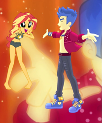 Size: 595x720 | Tagged: safe, artist:spidey-gamer-crack, edit, edited screencap, imported from derpibooru, screencap, flash sentry, sunset shimmer, cheer you on, equestria girls, equestria girls series, spoiler:eqg series (season 2), barefoot, belly button, bikini, clothes, converse, cropped, cute, feet, female, flashimmer, jewelry, male, midriff, necklace, open clothes, open mouth, open shirt, shimmerbetes, shipping, shoes, sleeveless, straight, sunset shimmer's beach shorts swimsuit, surprised, swimsuit