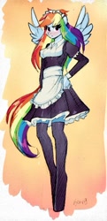 Size: 343x707 | Tagged: safe, artist:xjenn9, imported from derpibooru, rainbow dash, anthro, pegasus, unguligrade anthro, clothes, colored sketch, dress, female, maid, rainbow maid, sketch, skirt, socks, solo, thigh highs