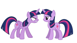 Size: 1080x607 | Tagged: safe, imported from derpibooru, twilight sparkle, alicorn, pony, unicorn, magic duel, once upon a zeppelin, alicorn drama, angry, drama, duality, female, frown, gritted teeth, looking at each other, mare, rage, ragelight sparkle, self ponidox, simple background, solo, transparent background, twilight sparkle (alicorn), twolight, unicorn twilight