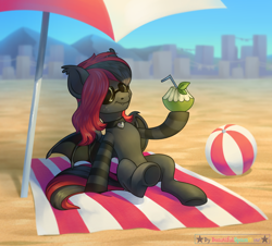 Size: 3000x2706 | Tagged: source needed, safe, artist:beautifulspaceshow, imported from derpibooru, oc, oc only, oc:sharpe, bat pony, pony, bat pony oc, bat wings, beach, beach ball, beach umbrella, clothes, coconut, collar, commission, female, food, high res, mare, sitting, smiling, socks, solo, straw, sunglasses, wings, ych result