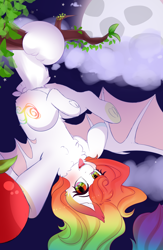 Size: 1800x2767 | Tagged: safe, artist:2pandita, imported from derpibooru, oc, oc only, bat pony, pony, apple, behaving like a bat, female, food, mare, moon, prehensile tail, solo, tail hold