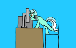 Size: 1601x1026 | Tagged: safe, artist:librarylonging, imported from derpibooru, lyra heartstrings, pony, unicorn, blue background, chair, computer, desk, excited, missing cutie mark, simple background, solo