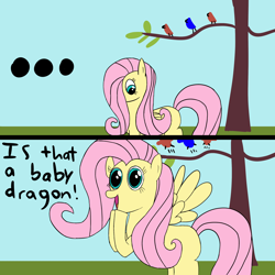 Size: 2500x2500 | Tagged: safe, artist:librarylonging, imported from derpibooru, fluttershy, bird, pegasus, pony, friendship is magic, ..., comic, high res, implied spike, missing cutie mark, scene interpretation, solo