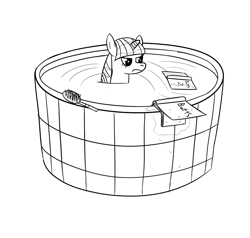 Size: 1456x1386 | Tagged: safe, artist:librarylonging, imported from derpibooru, twilight sparkle, pony, bathtub, black and white, book, brush, grayscale, lineart, monochrome, solo, water