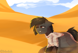 Size: 2792x1910 | Tagged: safe, artist:mediasmile666, imported from derpibooru, oc, oc only, bat pony, pony, bat pony oc, bat wings, cloud, desert, dessert, male, one eye closed, outdoors, sky, solo, spread wings, stallion, sweat, wings