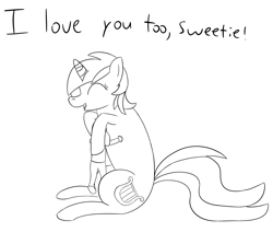 Size: 3821x3236 | Tagged: safe, artist:librarylonging, imported from derpibooru, lyra heartstrings, oc, oc:anon, human, pony, unicorn, black and white, dialogue, eyes closed, grayscale, high res, hug, lineart, monochrome, open mouth, open smile, size difference, smiling