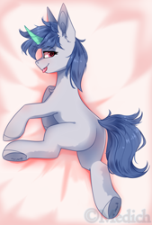 Size: 1897x2803 | Tagged: safe, artist:mediasmile666, imported from derpibooru, oc, oc only, pony, unicorn, butt, curved horn, female, horn, looking at you, mare, plot, solo, tongue out, underhoof