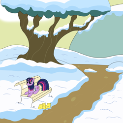 Size: 4000x4000 | Tagged: safe, artist:librarylonging, imported from derpibooru, imported from ponybooru, twilight sparkle, pony, unicorn, winter wrap up, bench, mountain, snow, solo, tree, unicorn twilight