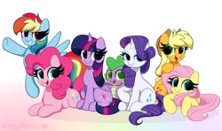 Size: 4096x2418 | Tagged: safe, artist:kittyrosie, imported from derpibooru, applejack, fluttershy, pinkie pie, rainbow dash, rarity, spike, twilight sparkle, alicorn, dragon, earth pony, pony, unicorn, colored pupils, cute, dashabetes, diapinkes, flying, hair over one eye, heart eyes, jackabetes, lying down, mane seven, mane six, open mouth, prone, raribetes, shyabetes, sitting, spikabetes, twiabetes, twilight sparkle (alicorn), weapons-grade cute, wingding eyes