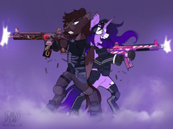 Size: 2384x1774 | Tagged: safe, artist:draw3, imported from derpibooru, oc, pegasus, pony, unicorn, vampire, vampire bat pony, vampony, armor, assault rifle, back to back, commission, fangs, fog, glasses, gun, high res, rifle, rust, sharp teeth, simple background, smoke, tactical vest, teeth, upright, weapon