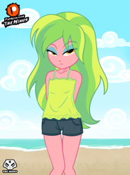 Size: 1920x2600 | Tagged: safe, artist:theminus, imported from derpibooru, lemon zest, human, equestria girls, arm behind back, beach, clothes, cloud, looking at you, ocean, sand, show accurate, sky, water, younger