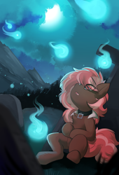 Size: 2582x3808 | Tagged: safe, artist:beardie, imported from derpibooru, oc, oc only, oc:scarlet trace (coffee bean), earth pony, pony, collar, earth pony oc, eye clipping through hair, eyebrows, eyebrows visible through hair, female, graveyard, high res, looking up, mare, mountain, open mouth, solo, wisp