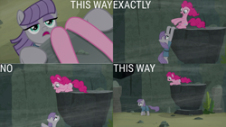 Size: 1280x720 | Tagged: safe, edit, edited screencap, editor:quoterific, imported from derpibooru, screencap, maud pie, pinkie pie, earth pony, pony, rock solid friendship, season 7, female, mare, open mouth, pie sisters, siblings, sisters