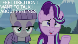 Size: 1280x720 | Tagged: safe, edit, edited screencap, editor:quoterific, imported from derpibooru, screencap, maud pie, starlight glimmer, earth pony, pony, unicorn, rock solid friendship, season 7, female, mare, nervous laugh, open mouth