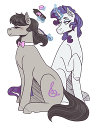 Size: 2200x2800 | Tagged: safe, artist:kikirdcz, imported from derpibooru, octavia melody, rarity, earth pony, pony, unicorn, brush, female, grooming, hairbrush, hairspray, high res, lesbian, raritavia, shipping, simple background, transparent background