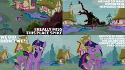 Size: 1280x720 | Tagged: safe, edit, edited screencap, editor:quoterific, imported from derpibooru, screencap, spike, twilight sparkle, alicorn, dragon, pony, castle sweet castle, season 5, crying, destroyed, eyes closed, female, golden oaks library, hug, male, mare, sad, twilight sparkle (alicorn)