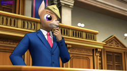 Size: 3840x2160 | Tagged: safe, alternate version, artist:antonsfms, imported from derpibooru, oc, oc only, oc:nickyequeen, anthro, donkey, 3d, ace attorney, alternate universe, anthro oc, attorney, badge, banner, clothes, commission, commissioner:nickyequeen, court, courtroom, crossover, desk, donkey oc, formal attire, formal wear, hand on chin, hand on hip, high res, image set, male, nickywright, phoenix wright, pondering, solo, source filmmaker, suit