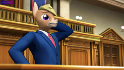 Size: 3840x2160 | Tagged: safe, alternate version, artist:antonsfms, imported from derpibooru, oc, oc only, oc:nickyequeen, anthro, donkey, 3d, ace attorney, alternate universe, anthro oc, attorney, badge, banner, clothes, commission, commissioner:nickyequeen, court, courtroom, crossover, desk, donkey oc, formal attire, formal wear, hand on hip, high res, image set, laughing, looking up, male, nickywright, phoenix wright, solo, source filmmaker, suit