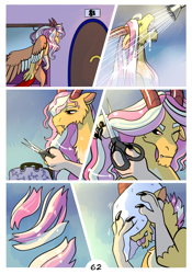 Size: 2100x3000 | Tagged: safe, artist:loryska, imported from derpibooru, oc, oc only, oc:larkspur, draconequus, hybrid, comic:friendship grows, high res, interspecies offspring, offspring, parent:discord, parent:fluttershy, parents:discoshy, scissors, shower, solo, towel