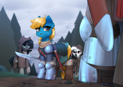 Size: 4000x2831 | Tagged: safe, artist:dipfanken, imported from derpibooru, oc, oc only, pony, zebra, armor, clothes, flail, halberd, highwayman, knife, medieval, mouth hold, purse, road, robe, sword, weapon