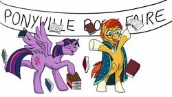 Size: 1280x720 | Tagged: safe, artist:termyotter, imported from derpibooru, sunburst, twilight sparkle, alicorn, pony, atg 2020, bipedal, blaze (coat marking), book, coat markings, facial markings, newbie artist training grounds, simple background, socks (coat markings), that pony sure does love books, twilight sparkle (alicorn), white background