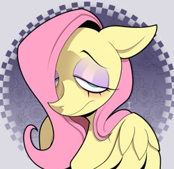 Size: 1570x1519 | Tagged: safe, artist:gh0stcr33p, imported from derpibooru, fluttershy, pegasus, pony, bust, eyeshadow, female, floppy ears, hair over one eye, lidded eyes, makeup, mare, solo