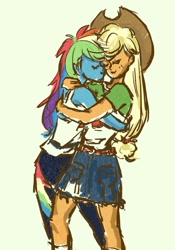 Size: 1327x1896 | Tagged: source needed, safe, artist:laya-21, imported from derpibooru, applejack, rainbow dash, equestria girls, appledash, duo, female, hug, lesbian, shipping